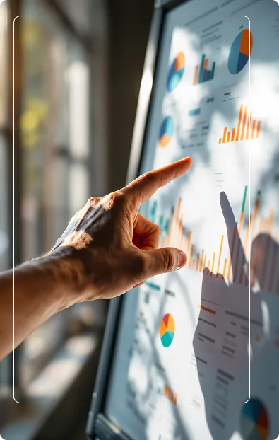Mão apontando para gráficos e indicadores de inteligência de mercado exibidos em uma tela, representando análise de dados na CIS Consultoria.